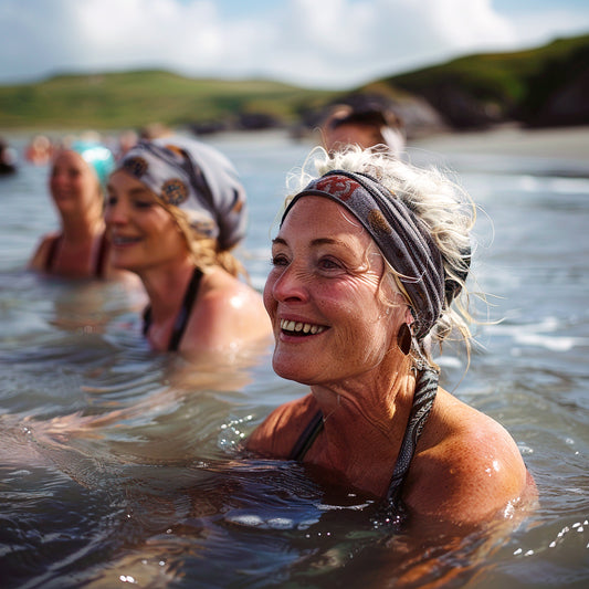 Woman mid-sixties enjoying a sea swim with her friends ona  sunny day in ireland